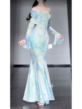 Mermaid Off The Shoulder Floral Long Sleeves Party Dresses Birthday Outfits SD530