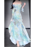 Mermaid Off The Shoulder Floral Long Sleeves Party Dresses Birthday Outfits SD530