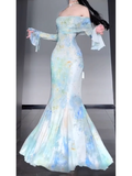 Mermaid Off The Shoulder Floral Long Sleeves Party Dresses Birthday Outfits SD530
