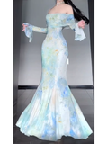 Mermaid Off The Shoulder Floral Long Sleeves Party Dresses Birthday Outfits SD530