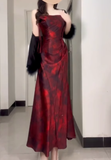 Sheath Spaghetti Straps Ankle length Burgundy Floral Satin Prom Dresses Birthday Outfits SD536
