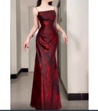 Sheath Spaghetti Straps Ankle length Burgundy Floral Satin Prom Dresses Birthday Outfits SD536