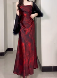 Sheath Spaghetti Straps Ankle length Burgundy Floral Satin Prom Dresses Birthday Outfits SD536