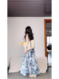 Retro A Line V Neckline Floral Blue Ankle length Prom Dresses Birthday Outfits SD545