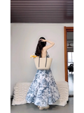 Retro A Line V Neckline Floral Blue Ankle length Prom Dresses Birthday Outfits SD545