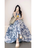 Retro A Line V Neckline Floral Blue Ankle length Prom Dresses Birthday Outfits SD545