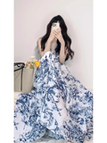 Retro A Line V Neckline Floral Blue Ankle length Prom Dresses Birthday Outfits SD545