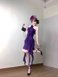 Retro A Line Halter Grape Floral Chiffon Prom Dresses Birthday Outfits SD548