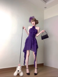 Retro A Line Halter Grape Floral Chiffon Prom Dresses Birthday Outfits SD548