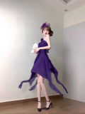 Retro A Line Halter Grape Floral Chiffon Prom Dresses Birthday Outfits SD548