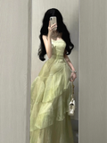 Retro Sheath Spaghetti Straps Sage Green Ruffles Party Beach Dresses Birthday Outfits SD556