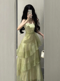 Retro Sheath Spaghetti Straps Sage Green Ruffles Party Beach Dresses Birthday Outfits SD556