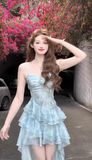 Sheath Spaghetti Straps Light Blue Ruffles Party Beach Dresses Birthday Outfits SD557