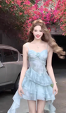 Sheath Spaghetti Straps Light Blue Ruffles Party Beach Dresses Birthday Outfits SD557
