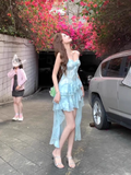 Sheath Spaghetti Straps Light Blue Ruffles Party Beach Dresses Birthday Outfits SD557