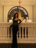 Sheath Spaghetti Straps Black Lace Long Prom Dresses Birthday Outfits With Gloves SD585