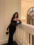 Sheath Spaghetti Straps Black Lace Long Prom Dresses Birthday Outfits With Gloves SD585