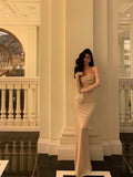 Sheath Spaghetti Straps Lace Long Prom Dresses Birthday Outfits With Gloves SD586