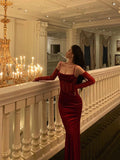 Sheath Spaghetti Straps Lace Red Velvet Long Prom Dresses Birthday Outfits With Gloves SD587