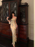 Sheath Strapless Floral Slit Long Prom Dresses Birthday Outfits SD592