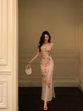 Sheath Spaghetti Straps Floral Pink Ankle Length Prom Dresses Birthday Outfits SD597