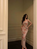 Sheath Spaghetti Straps Floral Pink Ankle Length Prom Dresses Birthday Outfits SD597