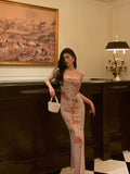 Sheath Spaghetti Straps Floral Pink Ankle Length Prom Dresses Birthday Outfits SD597