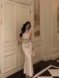 Mermaid Sweetheart Straps White Floral Long Satin Prom Dresses Birthday Outfits SD604