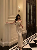 Mermaid Sweetheart Straps White Floral Long Satin Prom Dresses Birthday Outfits SD604