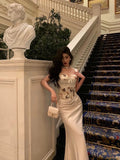 Mermaid Sweetheart Straps White Floral Long Satin Prom Dresses Birthday Outfits SD604