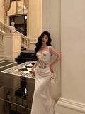Mermaid Sweetheart Straps White Floral Long Satin Prom Dresses Birthday Outfits SD604