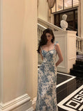 A line Spaghetti Straps Mid Length Floral Blue Prom Dresses Birthday Outfits SD606