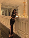 Sheath One Shoulder Straps Black Slit Long Prom Dresses Birthday Outfits SD610