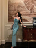 Sheath Halter Blue Fold Long Prom Dresses Birthday Outfits SD615