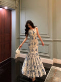 Sheath Boat Sleeveless Blue Floral Ruffle Long Prom Dresses Birthday Outfits SD616 HZ0628