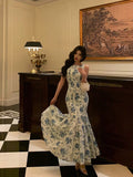 Sheath Boat Sleeveless Blue Floral Ruffle Long Prom Dresses Birthday Outfits SD616 HZ0628