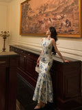 Sheath Boat Sleeveless Blue Floral Ruffle Long Prom Dresses Birthday Outfits SD616 HZ0628