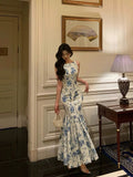 Sheath Boat Sleeveless Blue Floral Ruffle Long Prom Dresses Birthday Outfits SD616 HZ0628