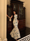 Sheath Boat Sleeveless Blue Floral Ruffle Long Prom Dresses Birthday Outfits SD616 HZ0628