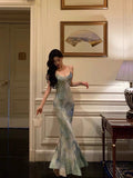 Sheath Spaghetti Straps Oil Painting Long Prom Dresses Birthday Outfits SD617