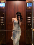 Sheath Spaghetti Straps Oil Painting Long Prom Dresses Birthday Outfits SD617