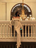 Mermaid Off The Shoulder White Long Sleeves Ankle Length Ruffle Prom Dresses Birthday Outfits SD626
