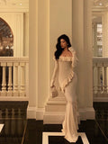 Mermaid Off The Shoulder White Long Sleeves Ankle Length Ruffle Prom Dresses Birthday Outfits SD626