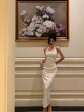 Sheath Halter Sleeveless White Tea Length Prom Dresses Birthday Outfits SD630