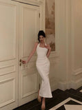 Sheath Halter Sleeveless White Tea Length Prom Dresses Birthday Outfits SD630