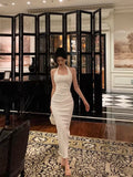 Sheath Halter Sleeveless White Tea Length Prom Dresses Birthday Outfits SD630