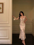 Sheath Straps Neckline Sleeveless Floral Ankle Length Prom Dresses Birthday Outfits SD633