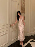Sheath Straps Neckline Sleeveless Floral Ankle Length Prom Dresses Birthday Outfits SD633