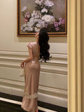 Sheath V Neckline Short Sleeves Pink Tea Length Prom Dresses Birthday Outfits SD634