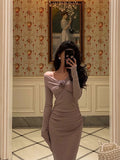 Sheath Long Sleeves Lilac Tea Length Prom Dresses Birthday Outfits SD635